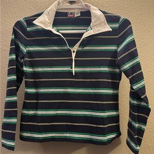 TILT Navy Rugby Polo with Green and White Stripes